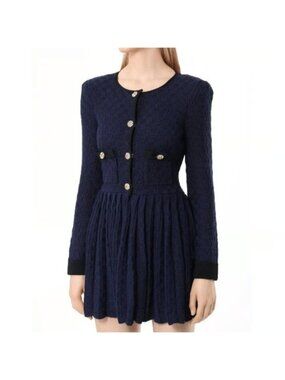 Self-Portrait | Navy weave knit tweed long sleeve pleated  mini dress | Sz L